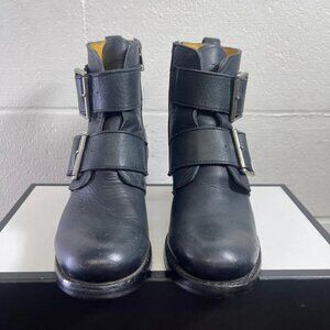Frye Sabrina Double Big Buckle Heeled Boots Black Leather Womens 9 M Made In USA